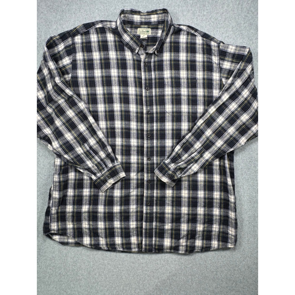 LL Bean Mens XXL Tall Plaid Flannel Shirt Navy Blue Yellow Cotton 0BHG6